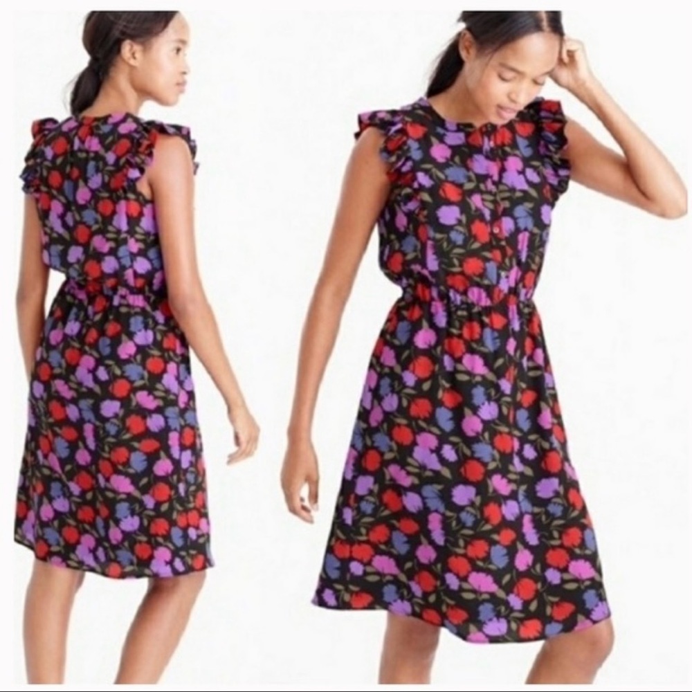 J. Crew cap sleeve 100% silk mini dress w/ floral print on black